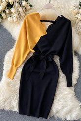 Robe pull élégante en tricot à col en V et ceintures, dos nu, manches longues